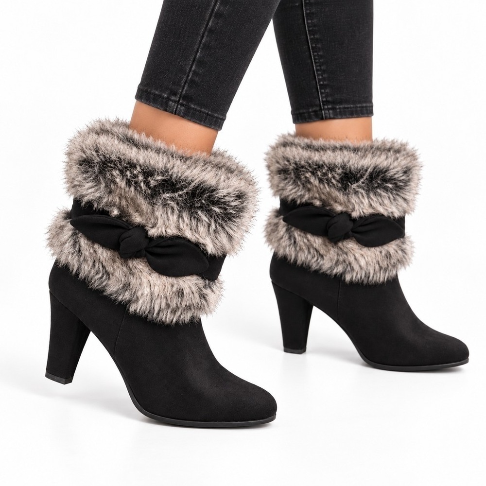 IMPO Odetta 9 Black Faux Fur Cuff Ankle Boots Heeled Womens Mob Wife Maximalist